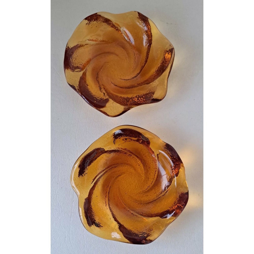 2 Vintage Fenton Amber Swirl Textured Glass Ashtrays Cigar